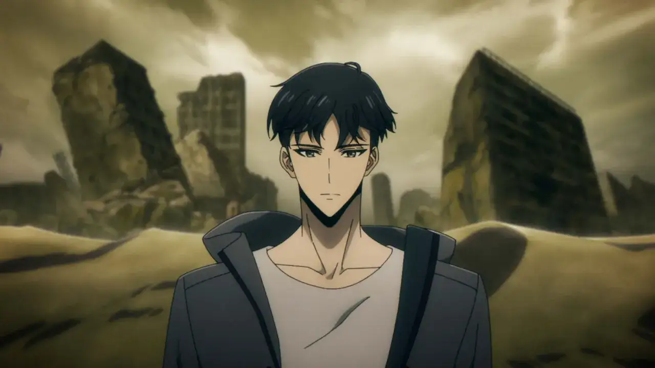 Sung Jinwoo, protagonista de Solo Leveling temporada 3, se alza en un paisaje desolado de ruinas y arena.