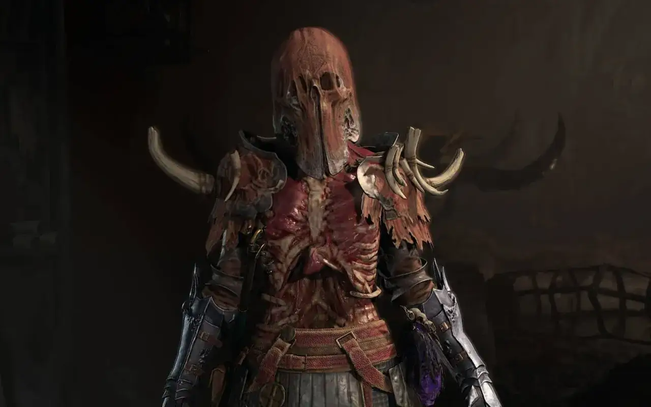 Un nigromante diablo 4 con armadura de huesos y piel.