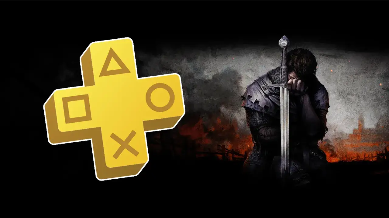 El logo de PS Plus de abril junto a un caballero con armadura apoyado en su espada, con un fondo de fuego y humo.