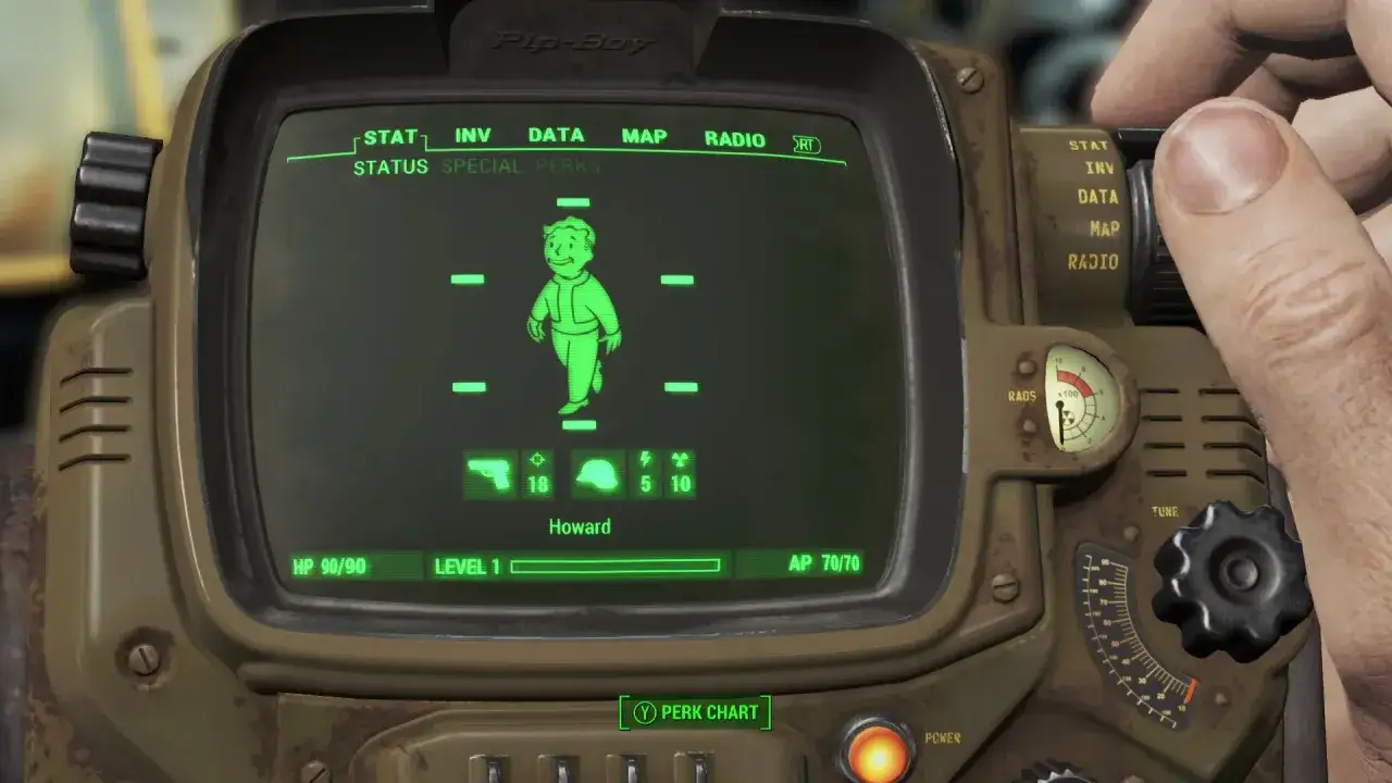 Pip-Boy muestra el estado de Howard, nivel 1, con sus requisitos de Fallout 4.