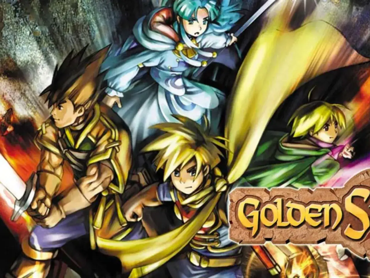 Personajes de Golden Sun Remake listos para la aventura, con espadas y capas ondeando.