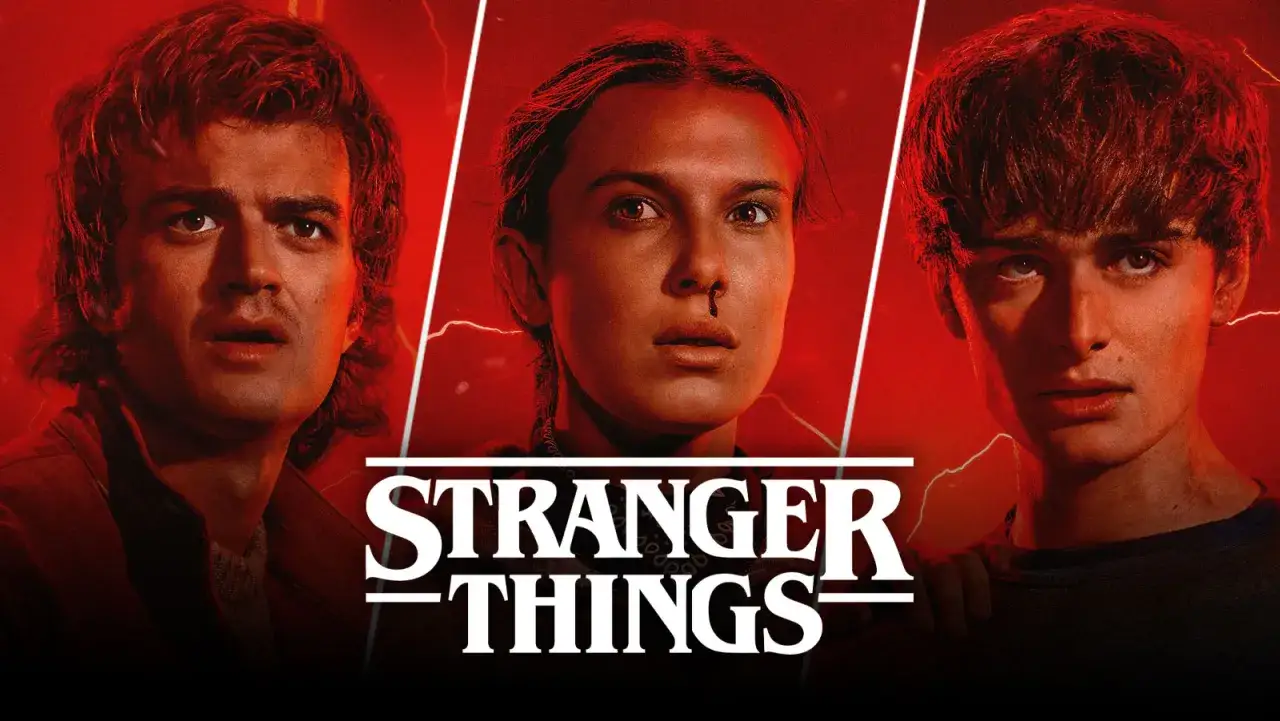 Steve, Eleven y Will esperan ansiosos cu&aacute;ndo sale Stranger Things 5. El logo de la serie destaca en rojo intenso.