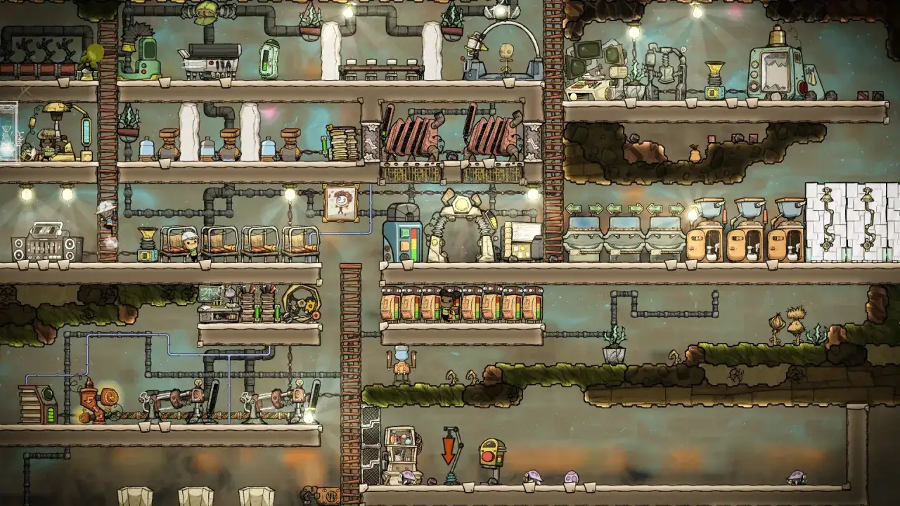 Base subterr&aacute;nea con m&uacute;ltiples niveles, tuber&iacute;as, m&aacute;quinas y personajes. Un ejemplo de los mejores juegos de gesti&oacute;n.