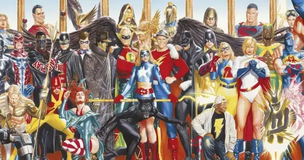 Un grupo diverso de superhéroes, incluyendo a Superman y Shazam, posan juntos. Representan la fuerza y la unidad de la sociedad de la justicia.