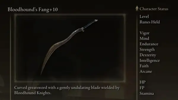 Fang de Bloodhound +10, una de las mejores armas de Elden Ring. Espada curva con hoja ondulante.
