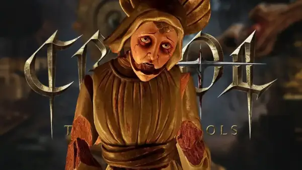 Una figura de marioneta con rostro macabro y vestimenta dorada, rodeada por el logo de "CRISOL THEATER OF IDOLS" con espadas ensangrentadas.