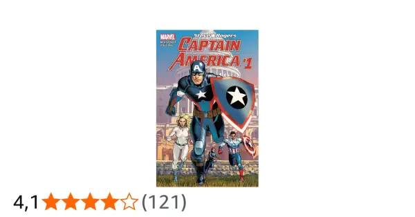 Portada del cómic "Captain America" de Steve Rogers, con él y otros héroes corriendo frente a un edificio gubernamental.