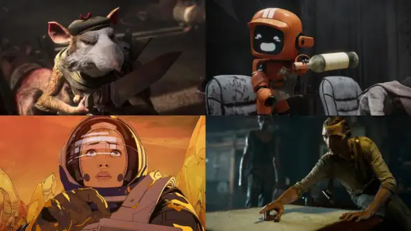 Un ratón con cuchillo, un robot sirviendo vino, una astronauta y un hombre enigmático. Escenas de **amor, muerte y robots**.