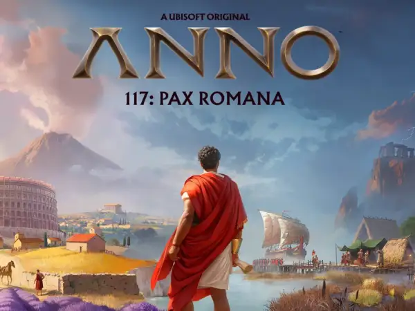 Un hombre con toga mira un paisaje que evoca el anno 117 pax romana, con un coliseo, un volcán y un asentamiento costero.