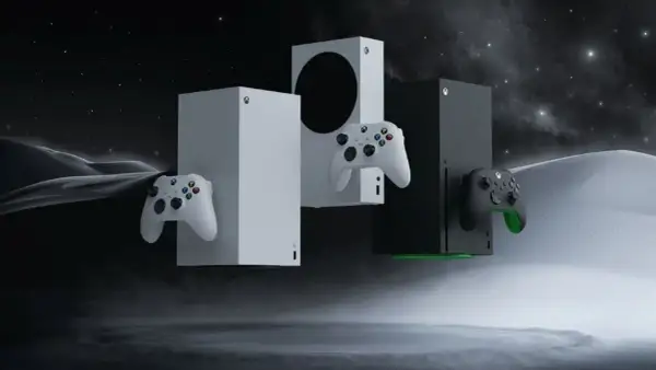 Dos consolas Xbox y sus mandos flotan en un paisaje desértico bajo un cielo estrellado. La nueva Xbox te espera.