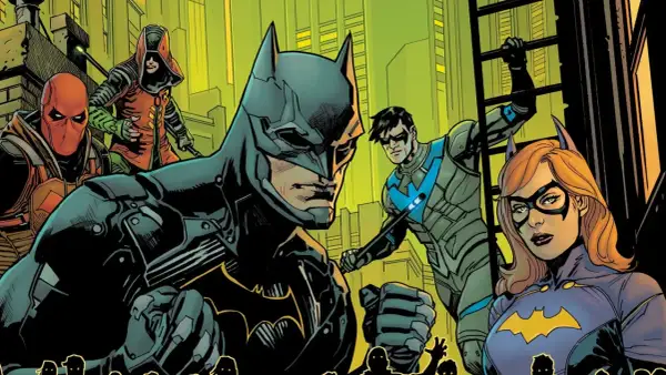 Batman, Nightwing, Batgirl, Red Hood y Robin se preparan para la acción en esta viñeta de Gotham Knights comic.