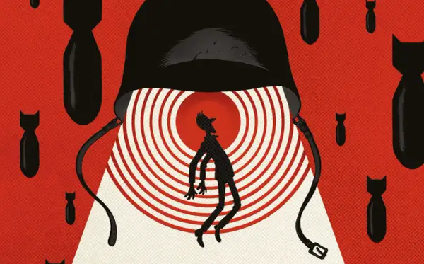 Silueta de hombre bajo casco militar, rodeado de bombas. Una imagen impactante que evoca las mejores novelas gráficas de guerra.