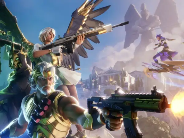 Personajes listos para la acción en la **fortnite nueva temporada**. Un guerrero dorado, una mujer con alas y un ser sombrío se preparan para el combate.