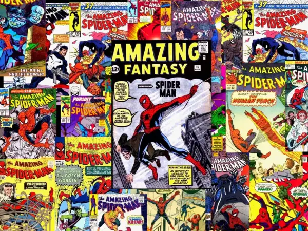 Collage de **comic spiderman viñetas** con el héroe en acción, enfrentando villanos y salvando el día en diversas portadas clásicas.