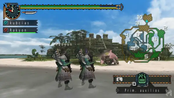 Dos cazadores se preparan para la batalla contra un monstruo rosado en una playa tropical, con ruinas antiguas al fondo. ¡Una escena clásica de Monster Hunter PSP!