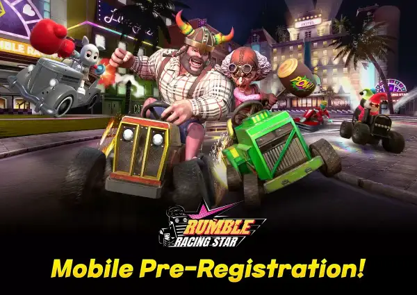Personajes caricaturescos compiten en un rumble rush de karts. ¡Pre-registro móvil disponible!