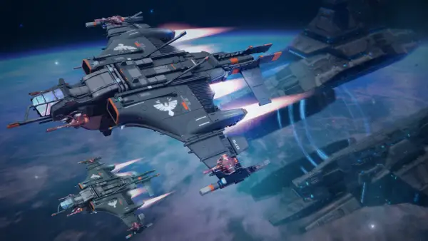 Naves espaciales de combate en formación, listas para la acción. ¡Una escena épica que recuerda a los mejores juegos gratis PC!