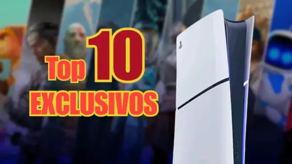 Top 10 juegos exclusivos PS5. La consola PS5 junto a imágenes de personajes de videojuegos icónicos.