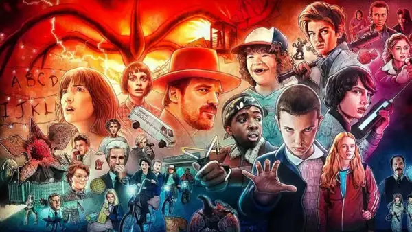 El elenco de Stranger Things, con Eleven al frente, esperando ansiosamente cuándo sale Stranger Things 5. El Demogorgon acecha.