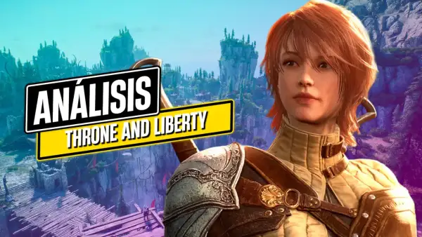 Análisis de Throne and Liberty: una guerrera con armadura se alza ante un paisaje de fantasía con islas flotantes y bosques.