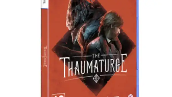 El juego "The Thaumaturge" muestra a un hombre con un traje oscuro y una criatura sombría detrás de él, con un fondo rojo vibrante.