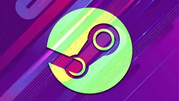 El logo de Steam en colores vibrantes sobre un fondo morado con líneas diagonales. ¡Ideal para encontrar juegos gratis en Steam!