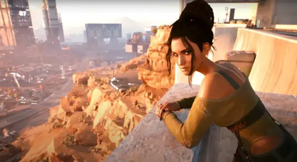 Panam Palmer, una mercenaria con un estilo panam cyberpunk, observa un paisaje desértico con rascacielos al atardecer.