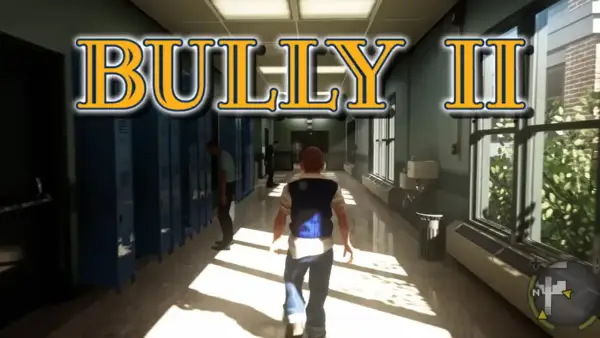 El pasillo de una escuela con casilleros azules y el título "BULLY II". Un estudiante camina hacia la cámara.