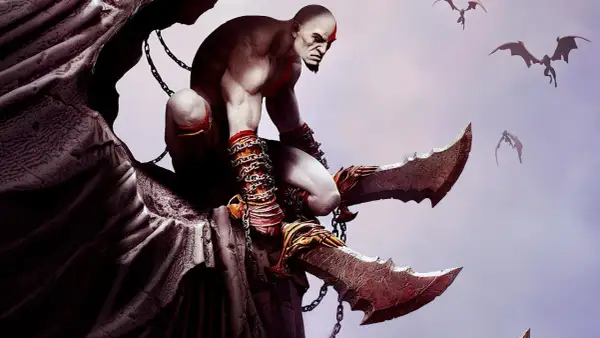 Kratos, el dios de la guerra, se agazapa con sus espadas del caos. Criaturas aladas vuelan en el cielo.