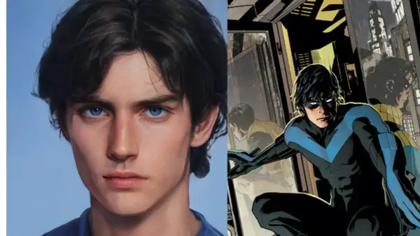 Retrato de Dick Grayson con ojos azules intensos y una imagen de él como Nightwing en acción.