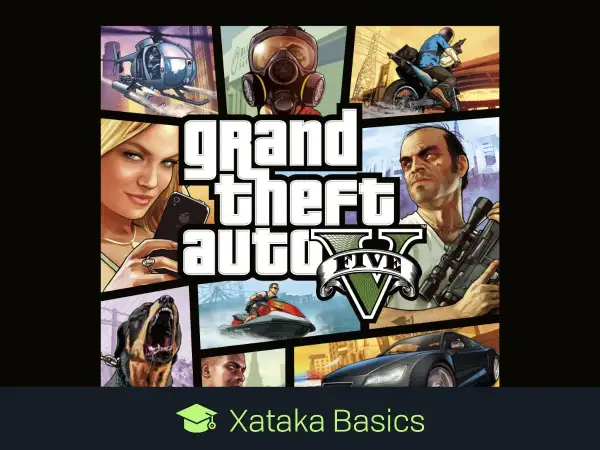 Portada de GTA V con personajes y vehículos. Descubre trucos GTA 5 PC para dominar Los Santos.