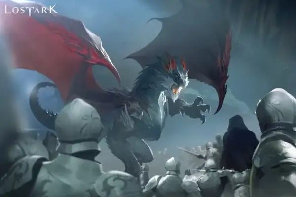 Un dragón furioso se cierne sobre caballeros armados, una escena épica de Lost Ark.
