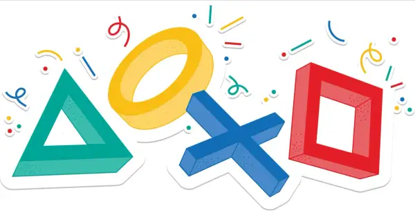 Los icónicos símbolos de PlayStation (triángulo, círculo, cruz y cuadrado) celebran un "playstation wrapped" con confeti y líneas de colores.