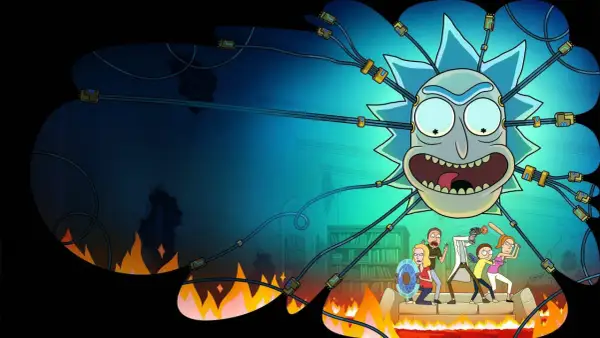 Rick y Morty temporada 8: La familia Smith se enfrenta a un Rick gigante en llamas, listo para una nueva aventura interdimensional.