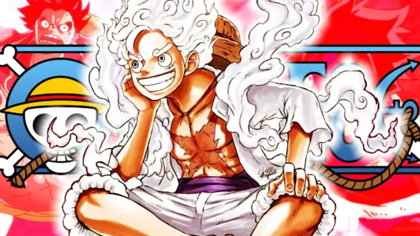 Luffy en su forma Gear 5, con cabello blanco y sonrisa radiante, rodeado de símbolos de One Piece. Muestra sus increíbles transformaciones.