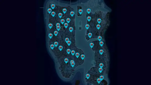 Mapa de Nueva York con marcadores de spiderbots para Spider-Man 2.