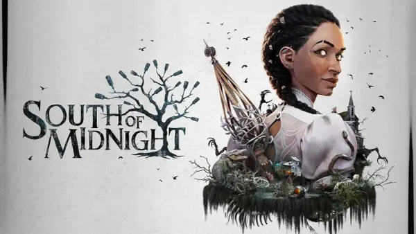 El título "South of Midnight" junto a una mujer con trenzas, un cocodrilo, esqueletos y una iglesia sombría.