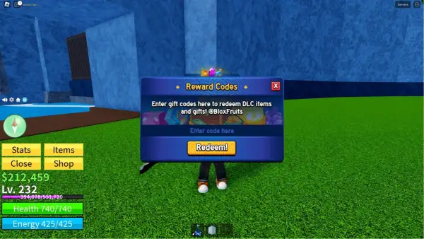 Ventana de códigos de Blox Fruits para canjear ítems y regalos.
