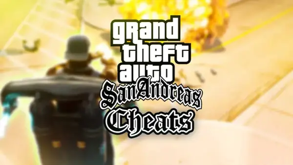 El logo de Grand Theft Auto San Andreas Cheats sobre una explosión y un personaje. ¡Descubre los trucos de GTA San Andreas en Switch!