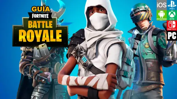 Guía de Fortnite Battle Royale con trucos para dominar el juego. Personajes con atuendos únicos y logos de plataformas disponibles.