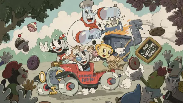 Cuphead y Mugman en su coche de reparto, ¡listos para más juegos cooperativos PS5! Un chef gigante prepara dulces mientras un cartel anuncia "Más de 1 millón servidos".