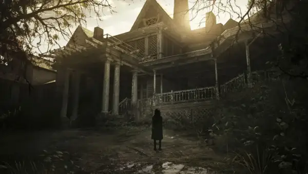 Una figura solitaria se para frente a una mansión decrépita, un escenario clave para tu **guía Resident Evil 7**.