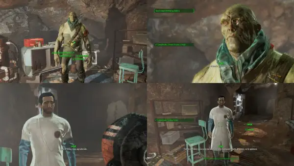 Virgil, un mutante con gafas, habla con el jugador en Fallout 4. Las facciones de Fallout 4 se ven en este diálogo.