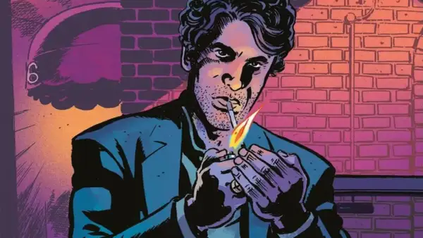 Un hombre con cabello rizado, parecido al profesor X, enciende un cigarrillo con un encendedor. Fondo de ladrillos y luz morada.