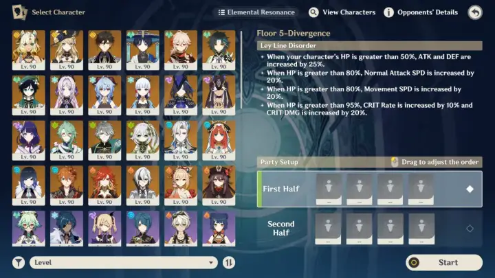 Selección de personajes para una Genshin Impact tier list, mostrando héroes de nivel 90 y la configuración de equipo.